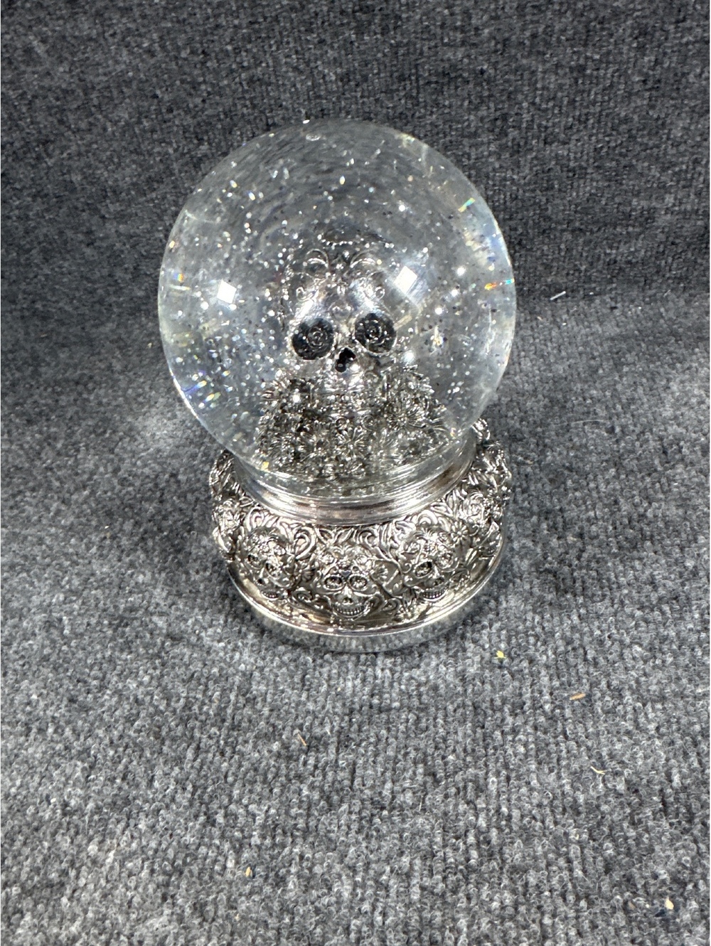 Skull Snow Globe Silver Tone Ornate Base Gothic Halloween Glitter Decor